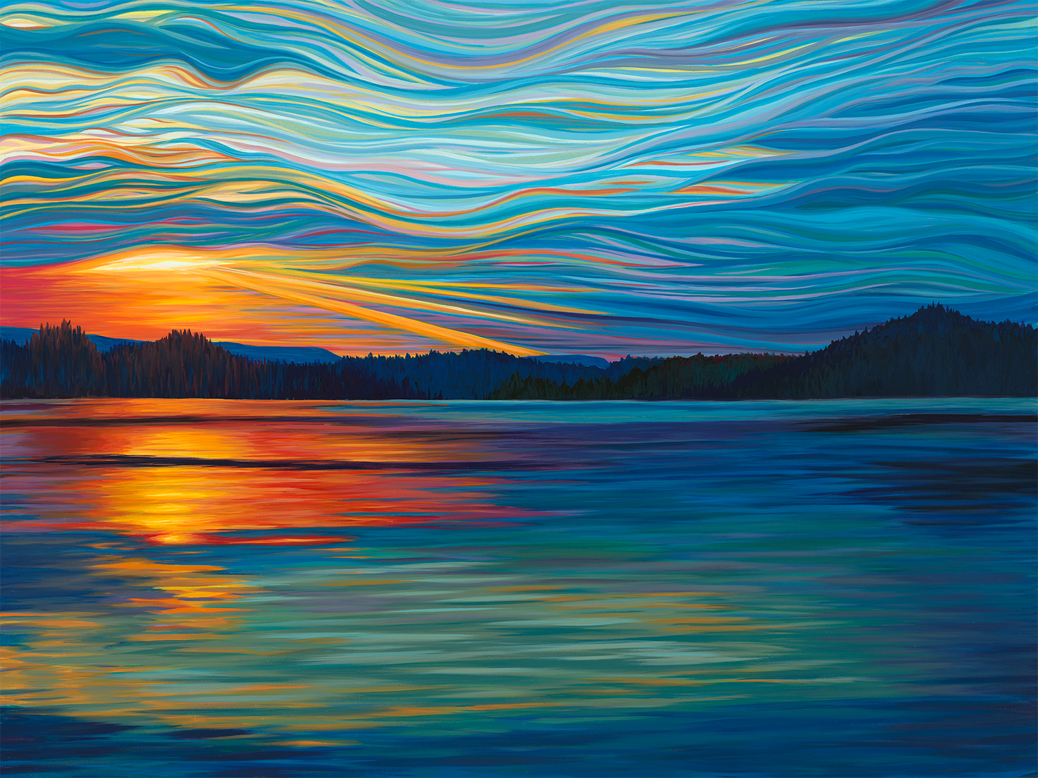 エルテ　シルクスクリーン版画　マダムバタフライ Bear Hill at Sunset from Elk Lake – Canvas Print – Mike Lathrop