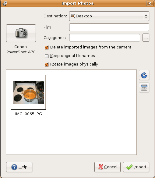 Importing pictures from the Canon A70
