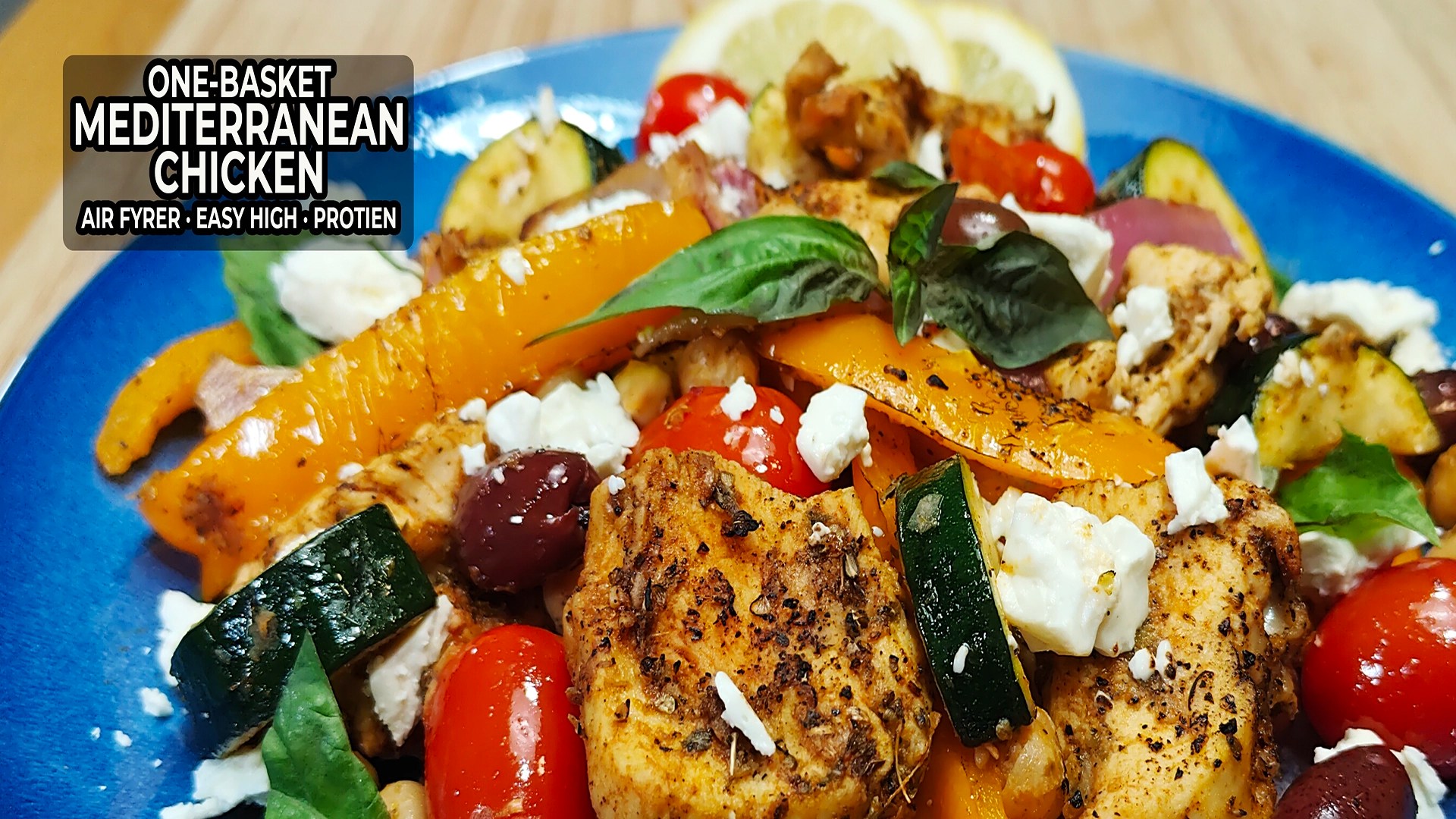 Air fryer Mediterranean chicken with zucchini, peppers, feta, and fresh basil