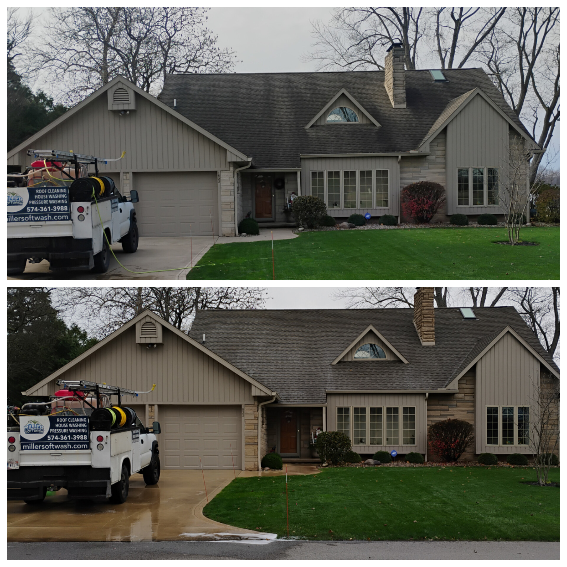 Before and after roof wash by Miller Soft Wash