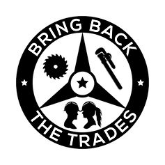 Black and white logo consisting of a saw blade, wrench, and twu silhouettes on the sides of a black star with a star in the center. The logo reads "Bring Back the Trades