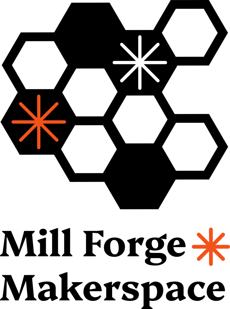 Mill Forge Makerspace logo consisting of a honeycomb in black, white, and orange