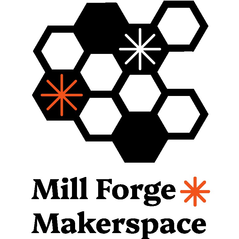 Mill Forge Makerspace logo consisting of a honeycomb in black, white, and orange
