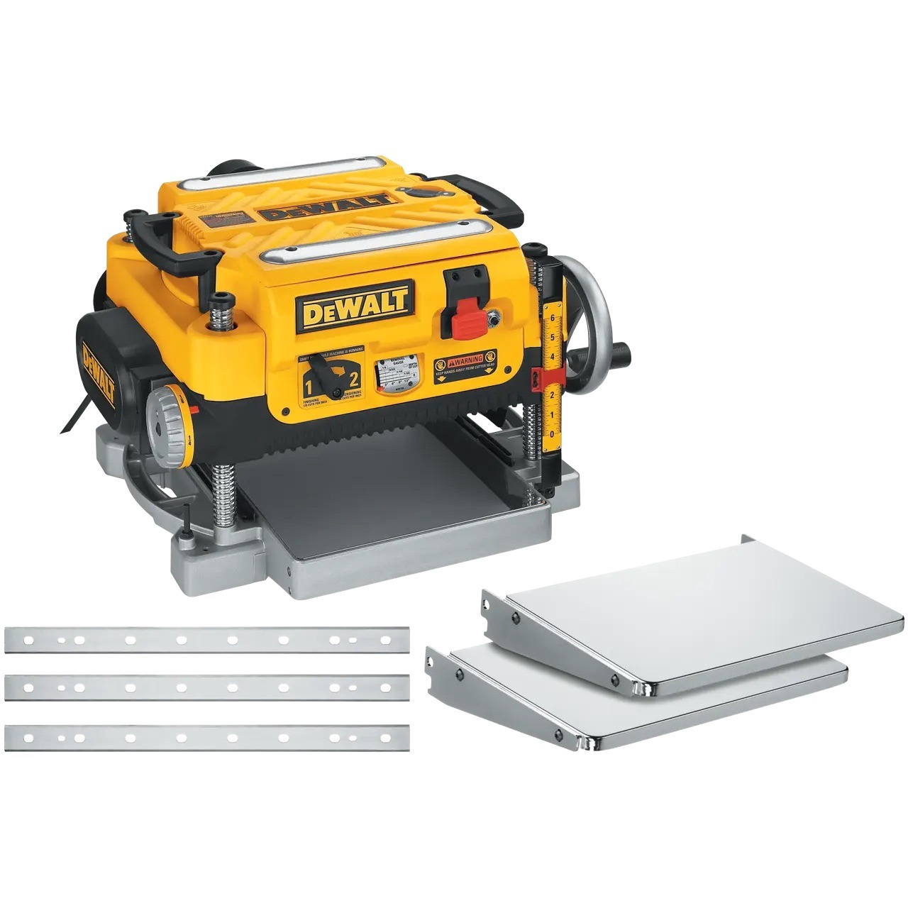 A yellow DeWalt brand portable planer with silver accessories shown.