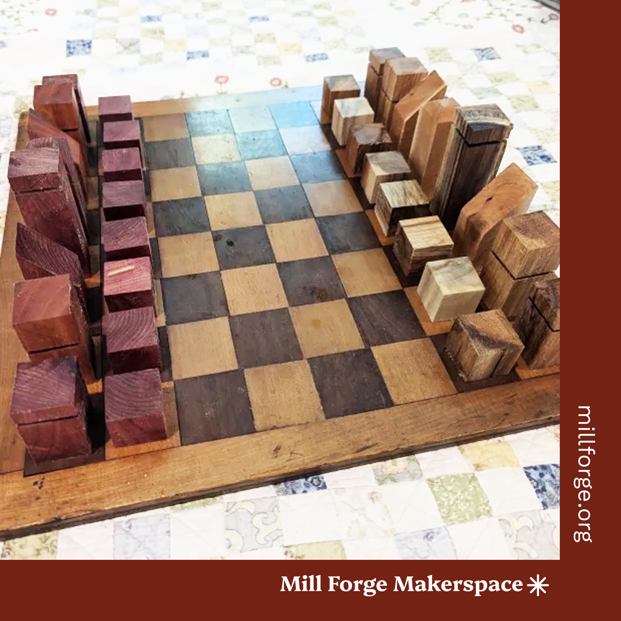 A chess board with abstract pieces made from dark and light colored wood.