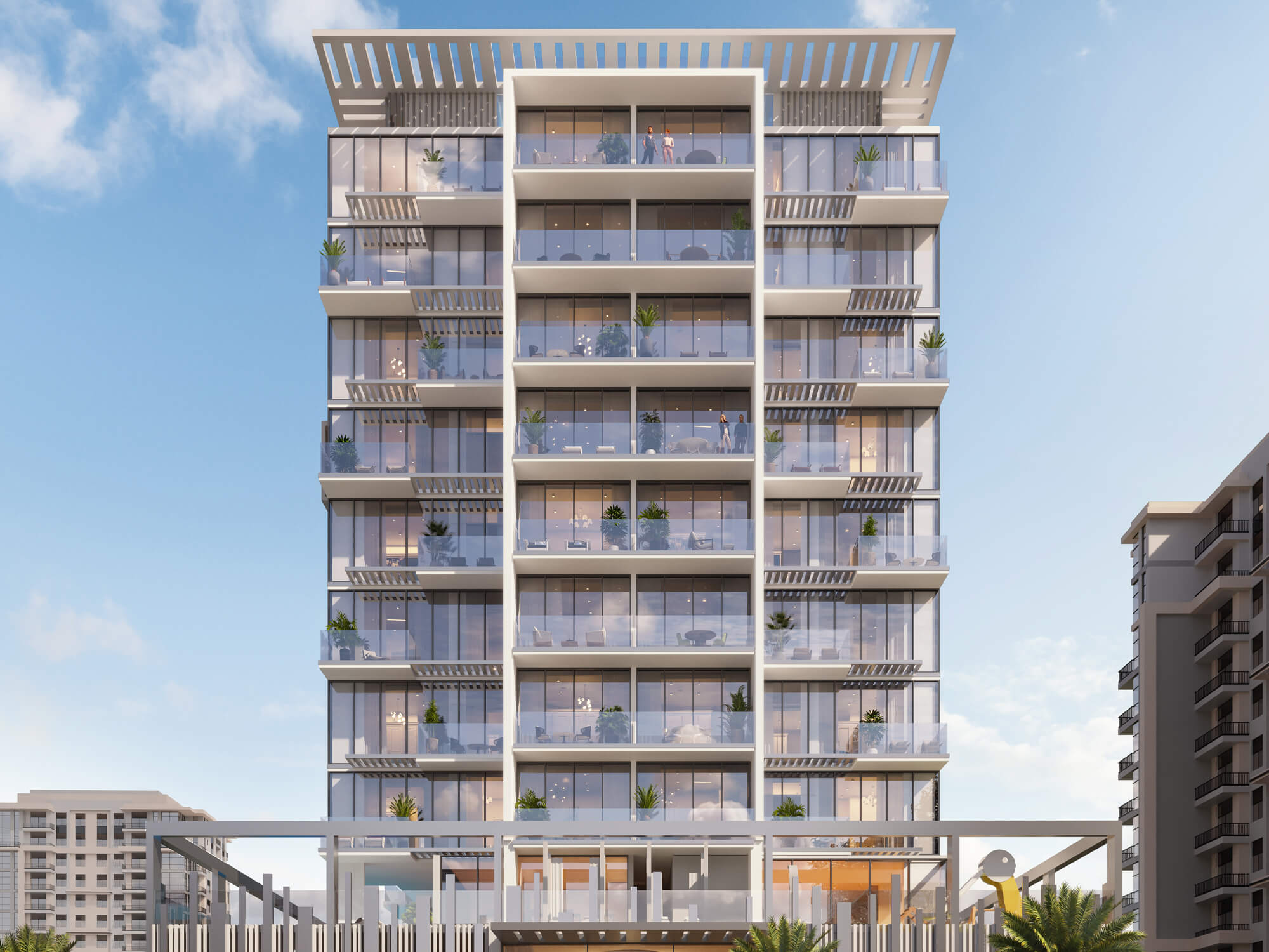 Allegro Residences facade at dusk with warm interior lighting