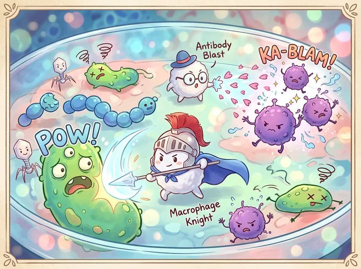 Cartoon immune battle labeled “POW!”, “Antibody Blast,” “KA-BLAM!”, and “Macrophage Knight”