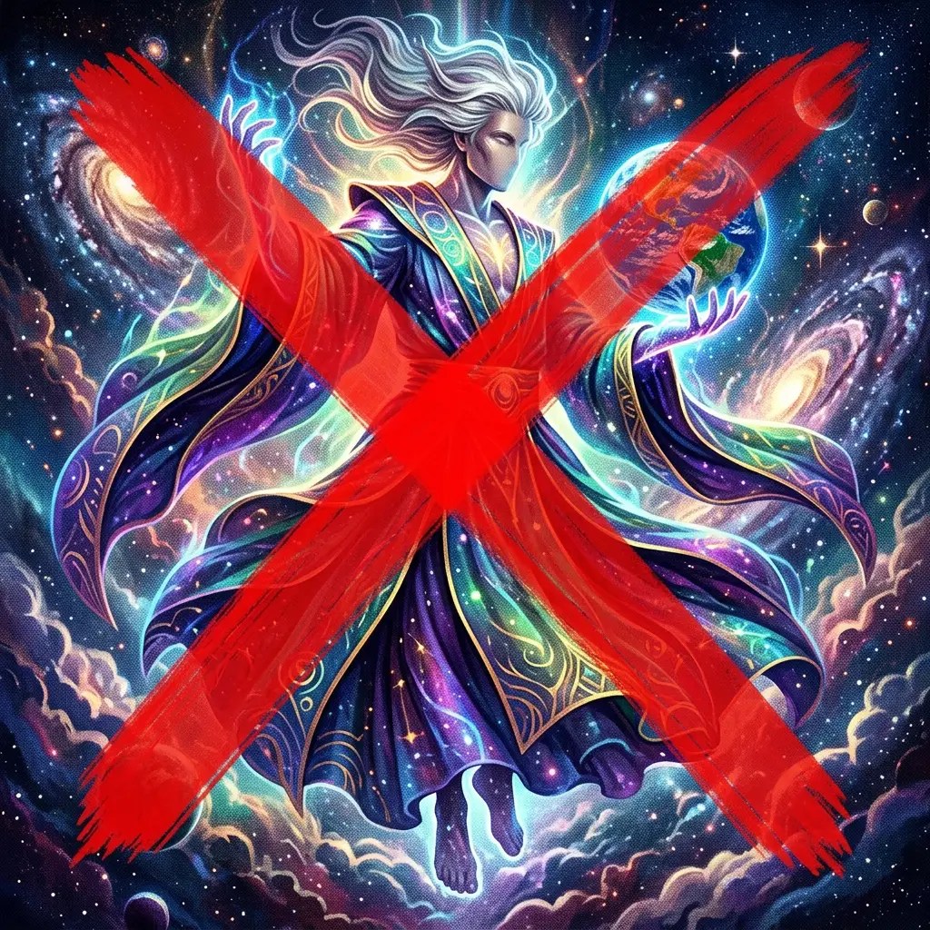 Ethereal cosmic figure holding a planet beneath a large red X