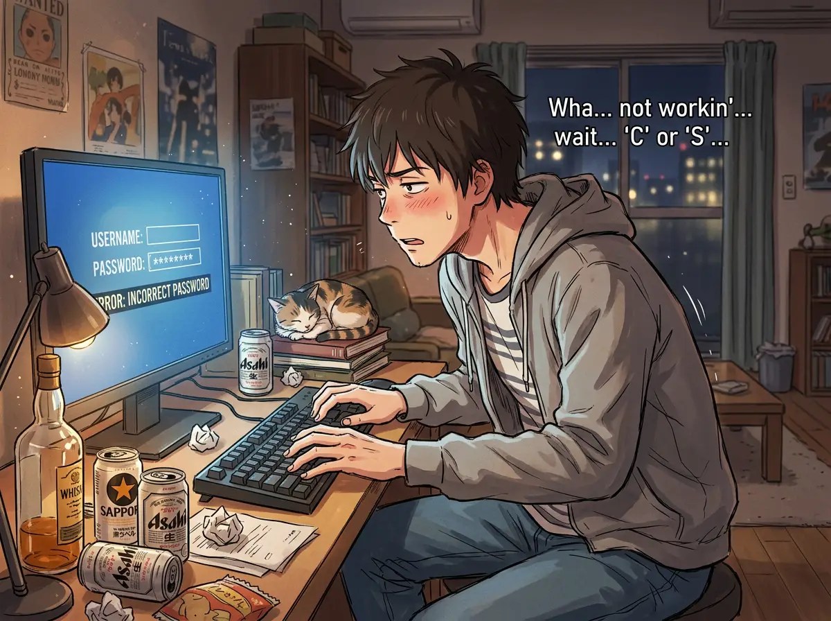 Student typing at computer showing USERNAME, PASSWORD, ERROR: INCORRECT PASSWORD; text reads W ha... not workin'... wait... 'C' or 'S'...