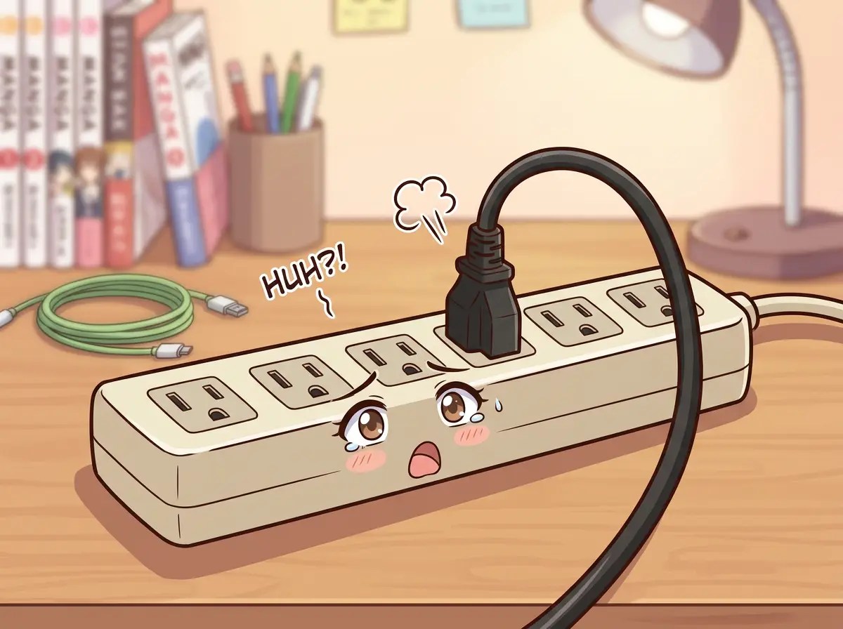 Cartoon power strip with worried face, plugged-in cord, and loose cable