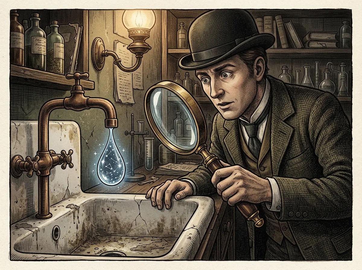 Detective examining a glowing blue flask in a Victorian laboratory