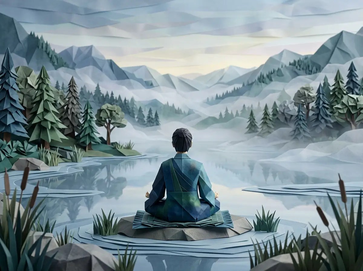 Person meditating beside a reflective mountain lake surrounded by forests