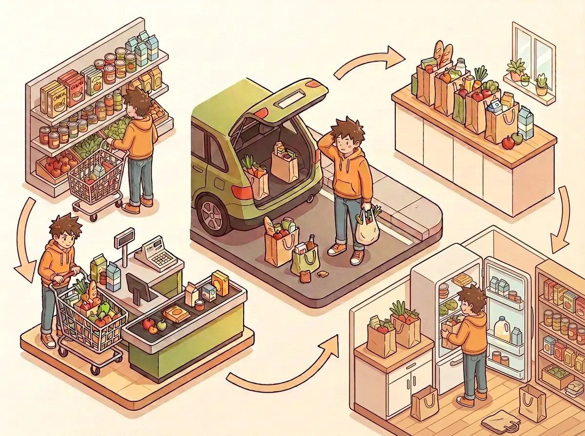 Illustration of grocery shopping, loading a car, and unpacking groceries at home