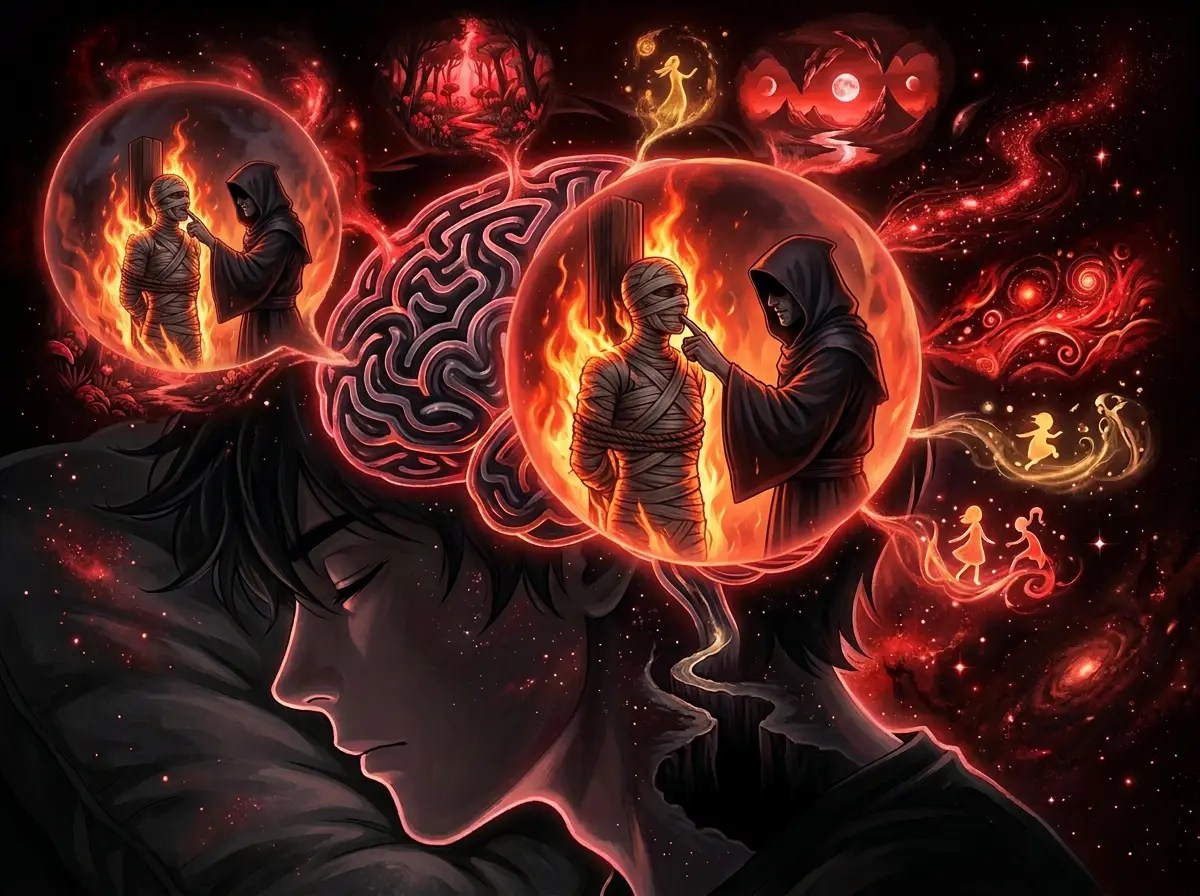 Profile of a sleeping person with a glowing brain and fantasy scenes