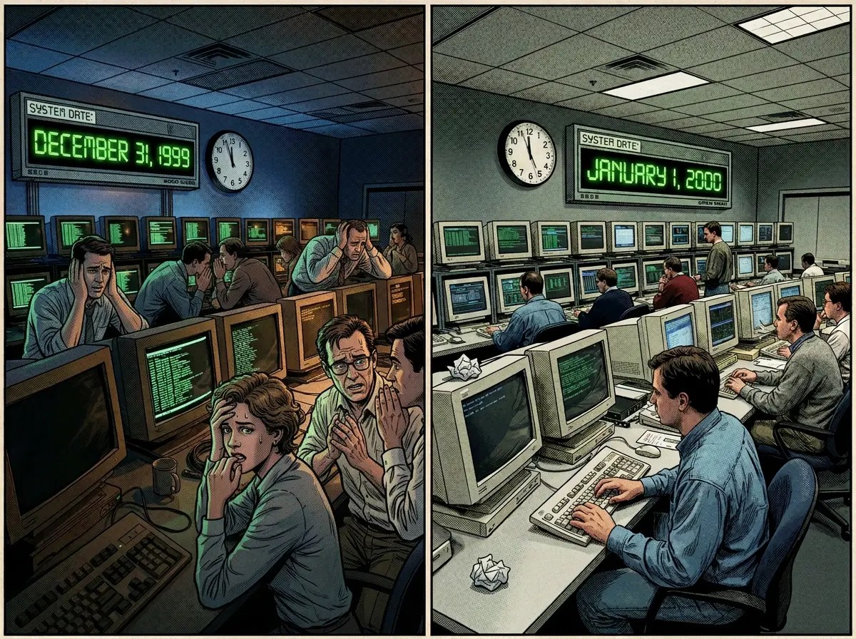 Split view of vintage computer rooms, one empty and one staffed
