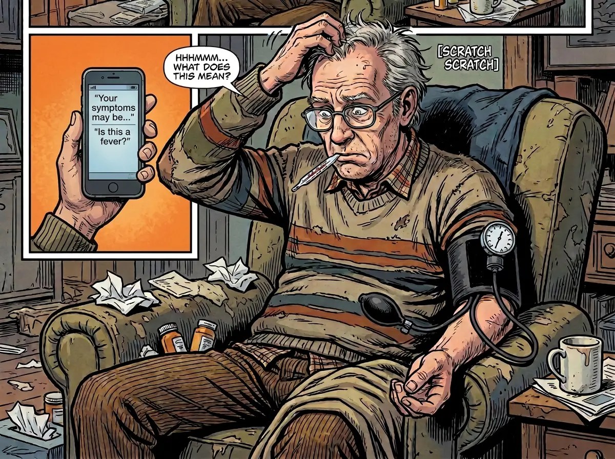 Sick man checks phone reading “Your symptoms may be... Is this a fever?”