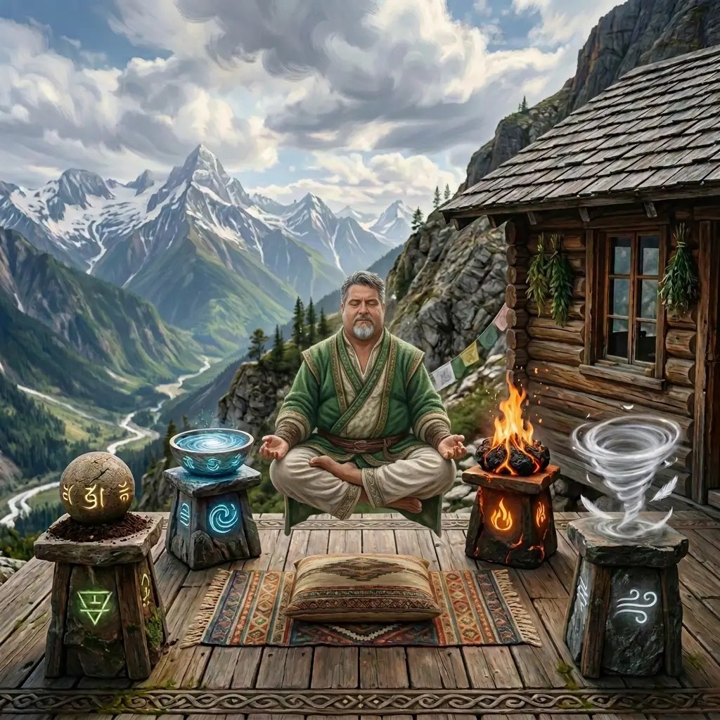 Person meditating beside elemental symbols on a mountain cabin terrace