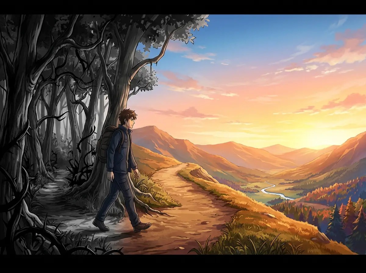 Traveler with backpack leaving a dark forest for a sunlit mountain valley