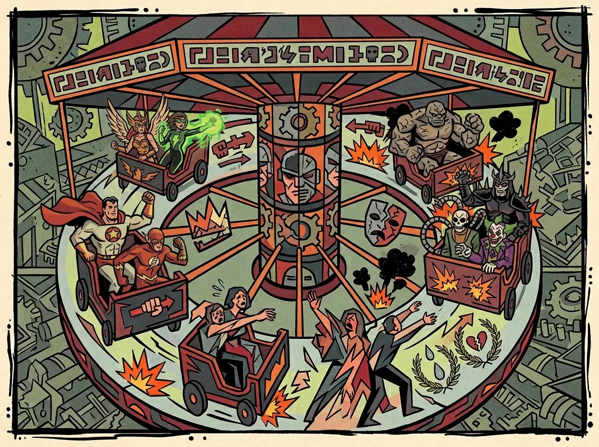 Satirical illustration of rival groups racing amid explosions and political conflict
