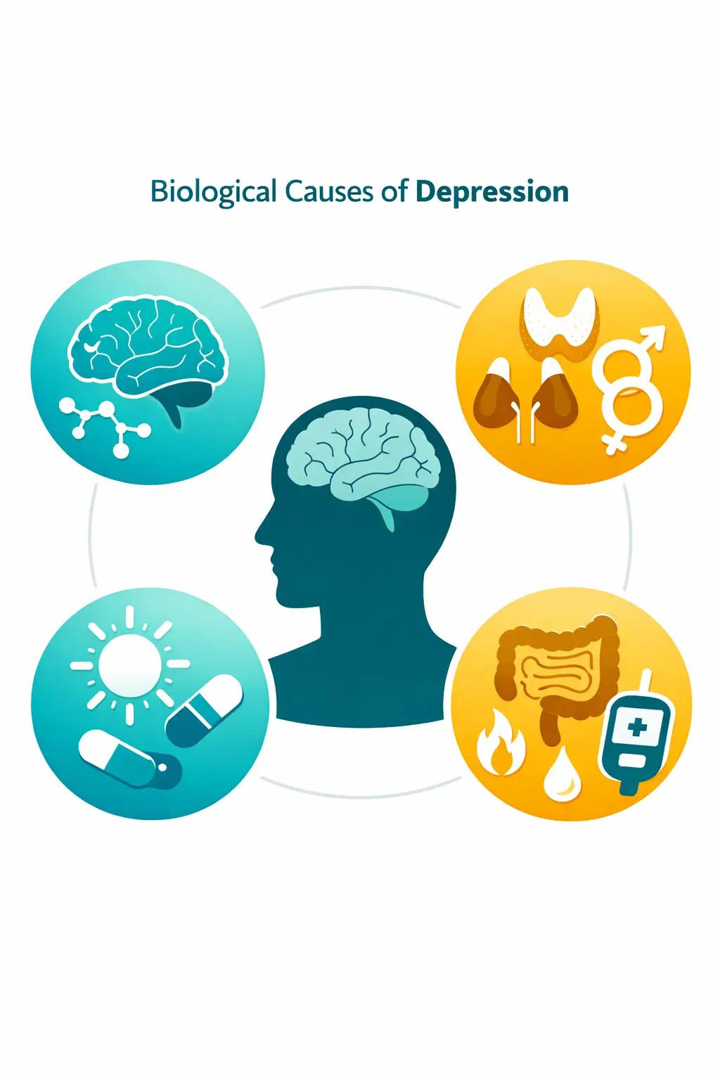 Infographic showing the four categories of biological causes of depression: neurotransmitters like serotonin and dopamine, hormones including thyroid and adrenal, vitamins D and B, and other factors like gut health and inflammation, displayed around a central human figure in teal and gold brand colors