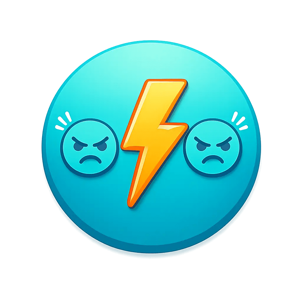 Minimalist icon representing irritable depression featuring a golden yellow lightning bolt with frustrated angry faces in teal, symbolizing mood swings, irritability, and anger as depression symptoms