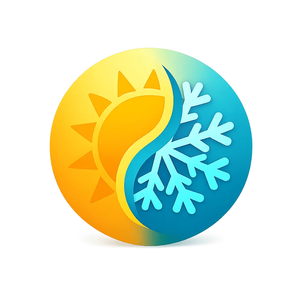 Minimalist sun and snowflake combination icon in golden yellow and teal representing seasonal and cyclical depression including Seasonal Affective Disorder SAD, PMDD tied to menstrual cycles, and postpartum depression