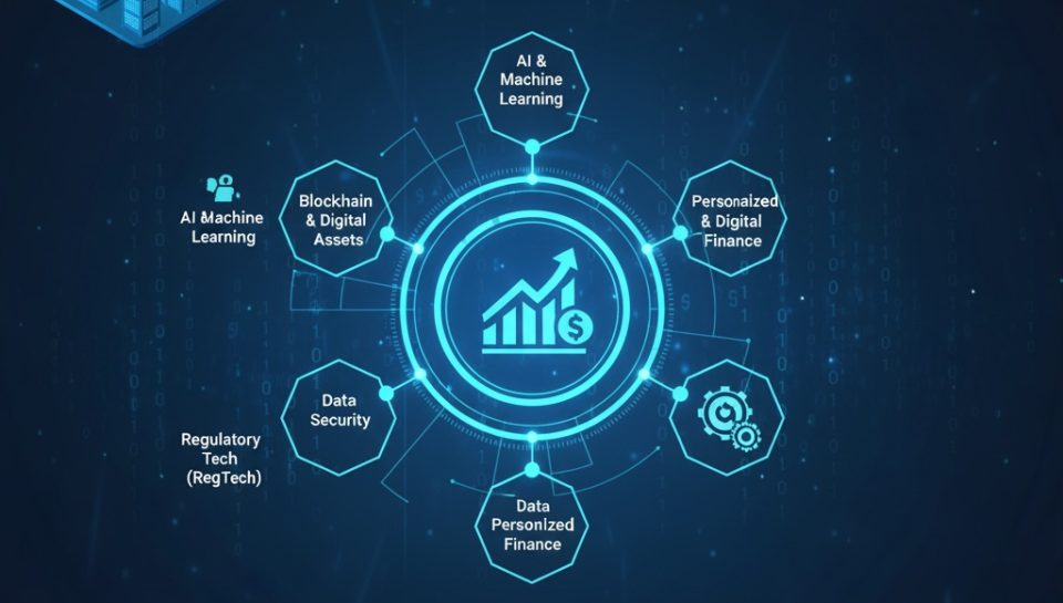 Graphic illustrating AI-driven financial services innovation, featuring machine learning, data security, regulatory technology, personalized finance, and digital transformation.