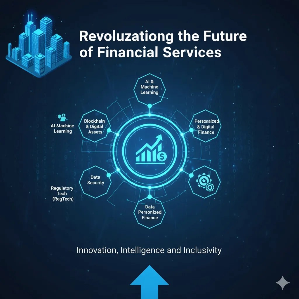 Graphic illustrating AI-driven financial services innovation, featuring machine learning, data security, regulatory technology, personalized finance, and digital transformation.