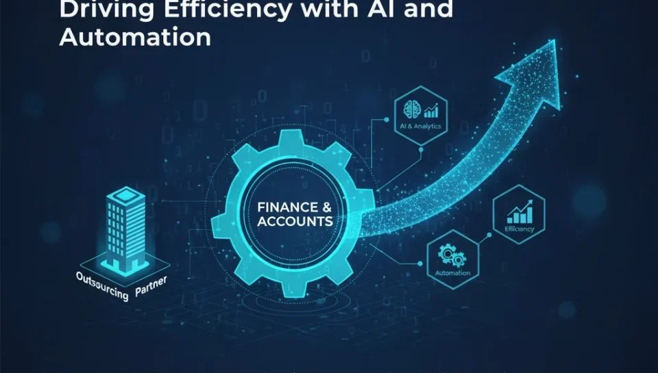 Finance and accounts outsourcing with AI automation, analytics icons, and growth arrow