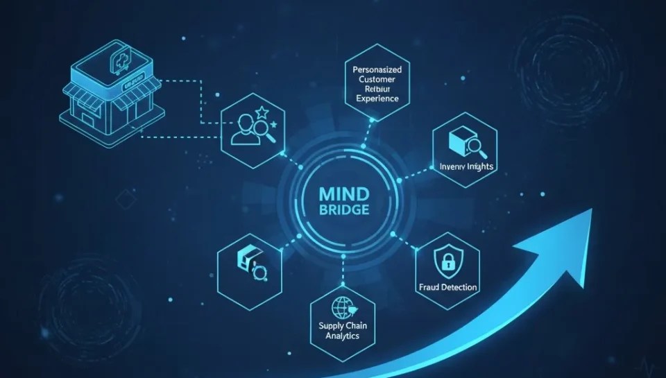 Retail and e-commerce analytics services with AI-powered insights and growth arrow