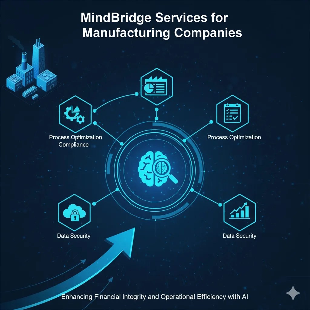 Illustration depicting MindBridge AI-powered services for manufacturing companies, highlighting process optimization, compliance, data security, and operational efficiency.