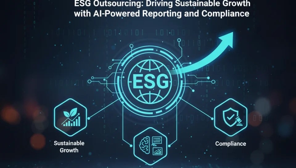 ESG outsourcing concept with AI-powered reporting, compliance, and sustainable growth icons