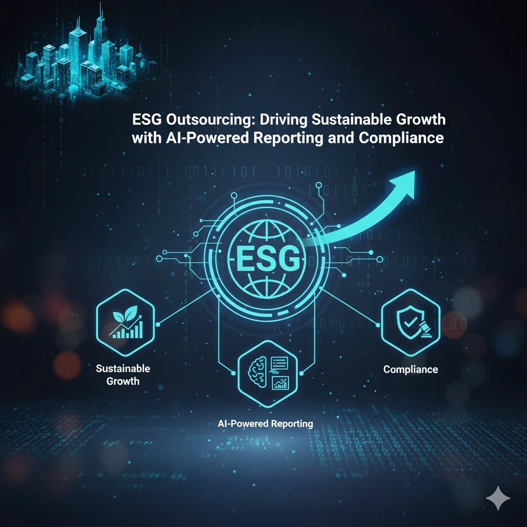 ESG outsourcing concept with AI-powered reporting, compliance, and sustainable growth icons