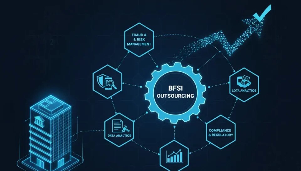 BFSI outsourcing services infographic showing AI-driven financial operations, automation, risk management, compliance, and data analytics solutions.