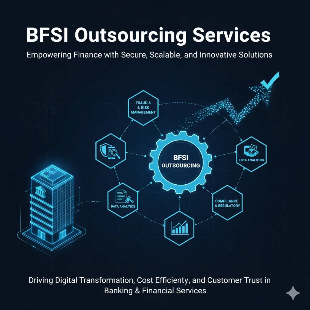 BFSI outsourcing services infographic showing AI-driven financial operations, automation, risk management, compliance, and data analytics solutions.