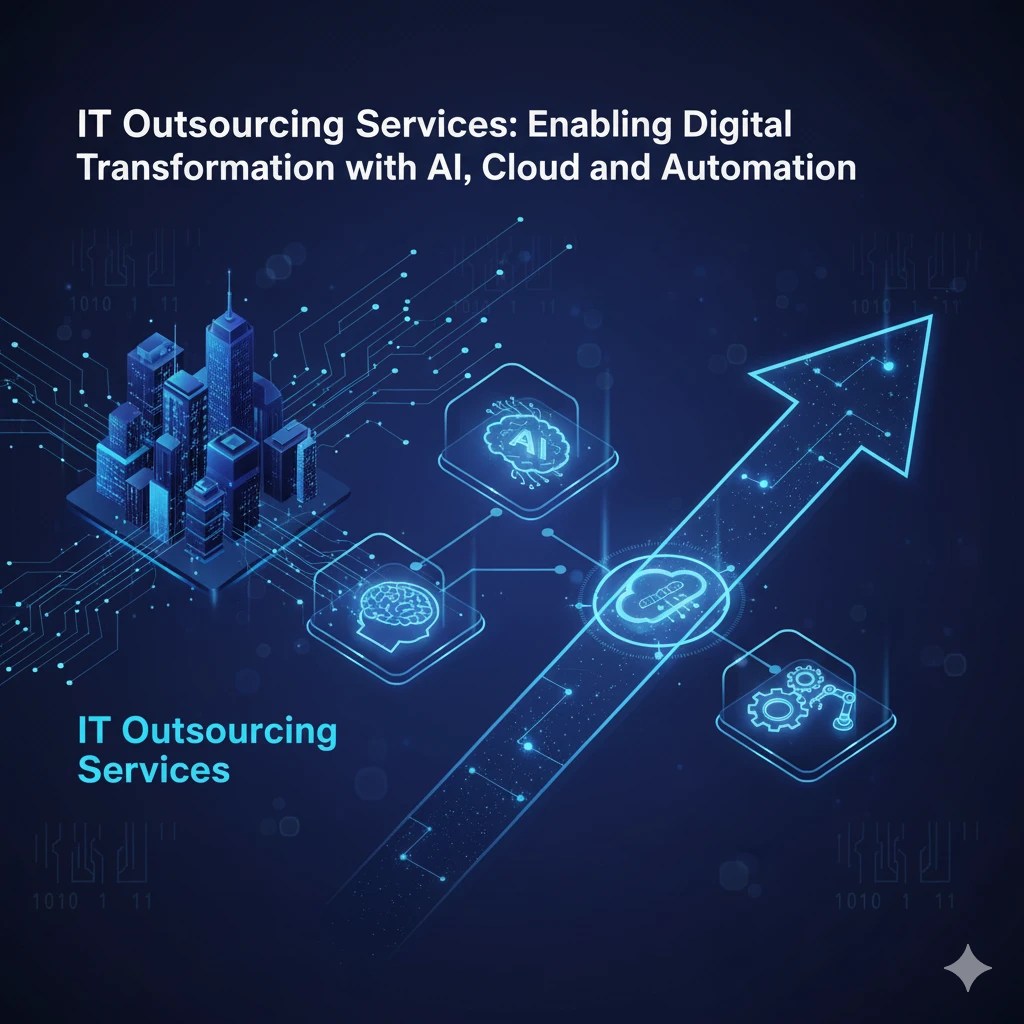 IT outsourcing services illustration with AI, cloud, and automation icons and upward growth arrow