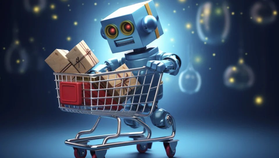 Cute blue robot sitting inside a shopping cart holding packages, symbolizing AI-powered e-commerce and automated shopping.