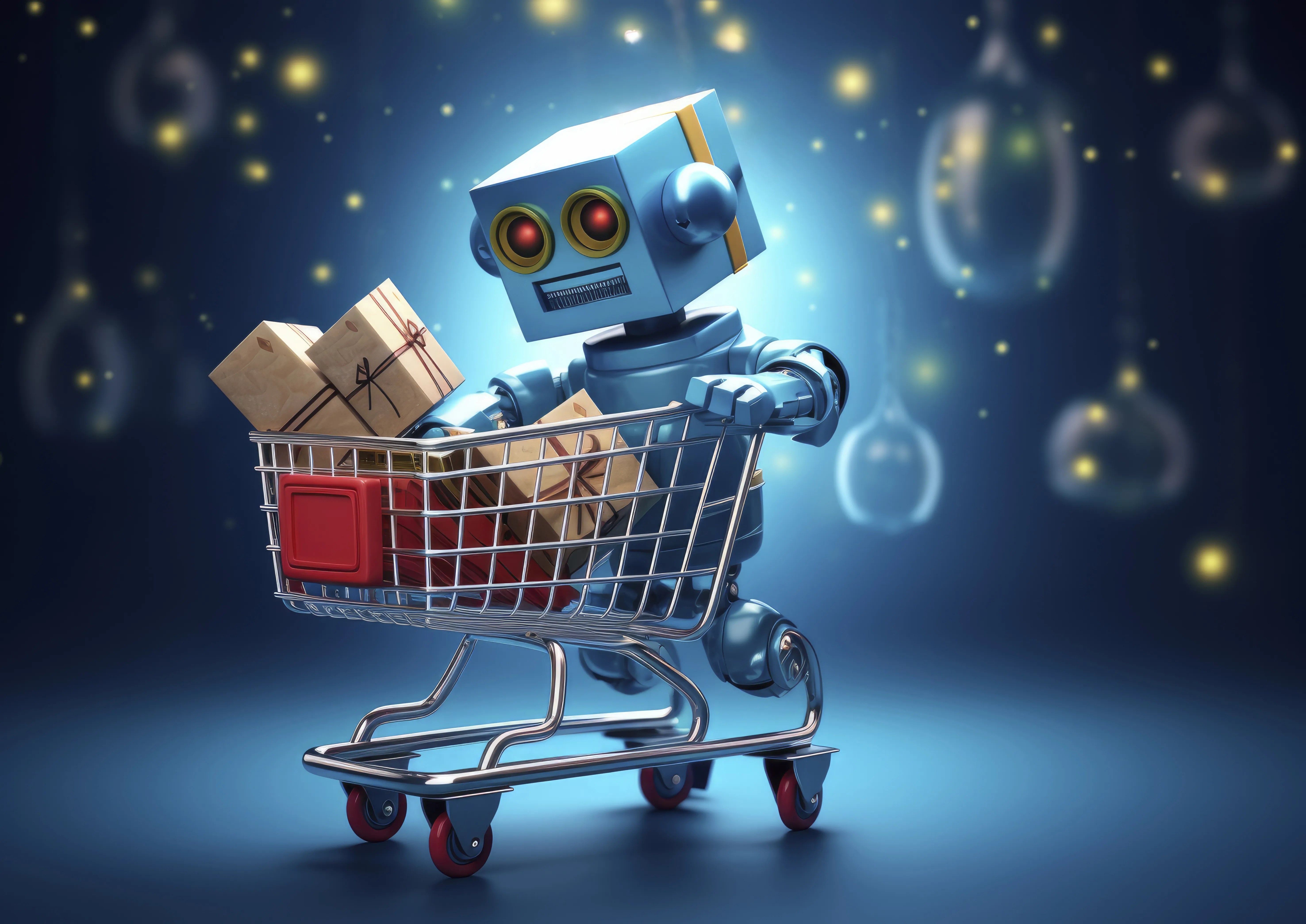 Cute blue robot sitting inside a shopping cart holding packages, symbolizing AI-powered e-commerce and automated shopping.