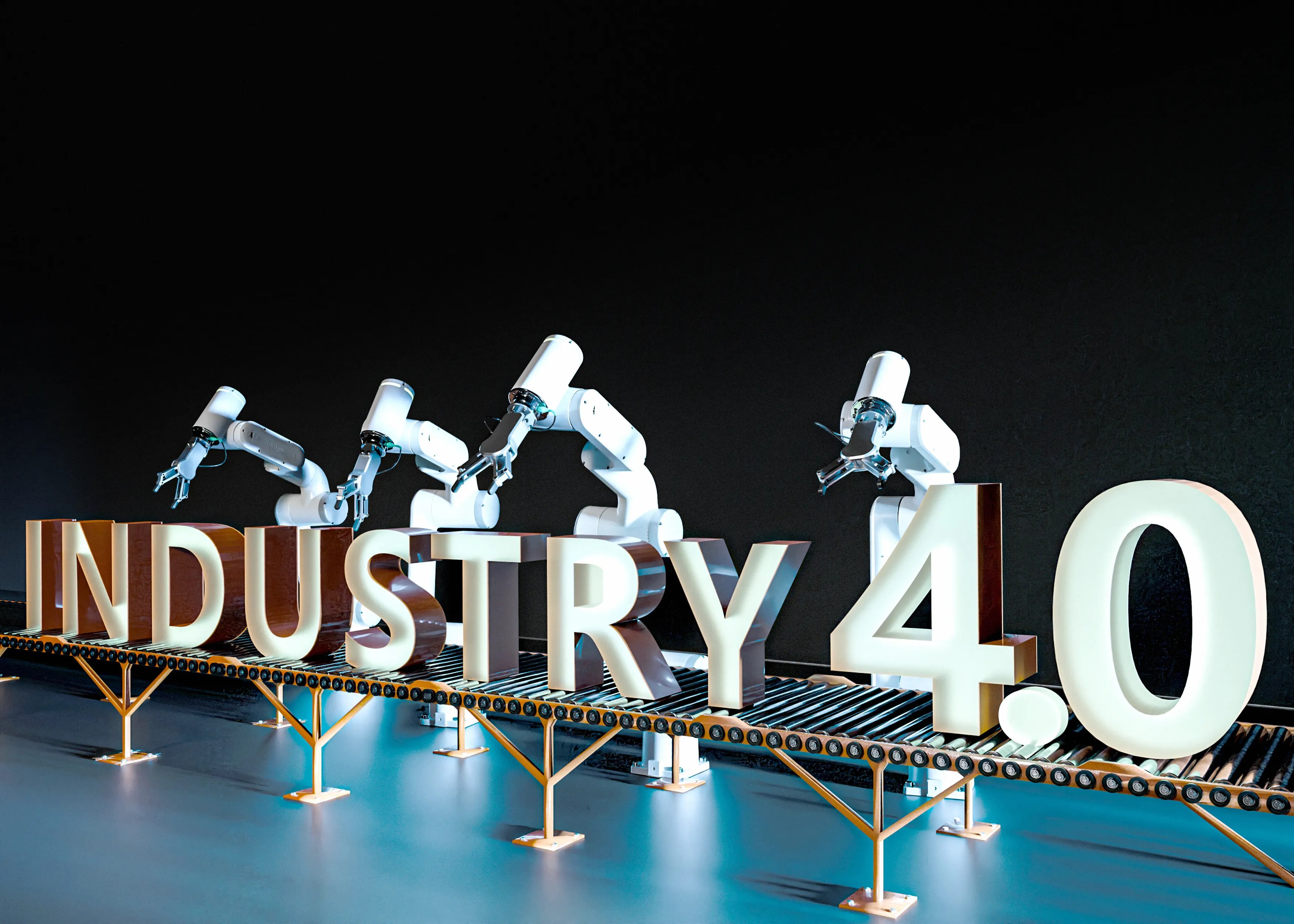 Robotic arms operating on a production line with Industry 4.0 text, representing smart manufacturing and industrial automation.