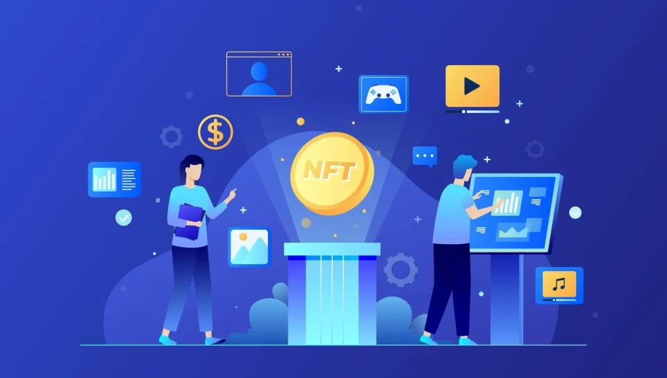 Illustration of people interacting with a large NFT coin and digital media icons, representing blockchain-based digital assets and NFTs