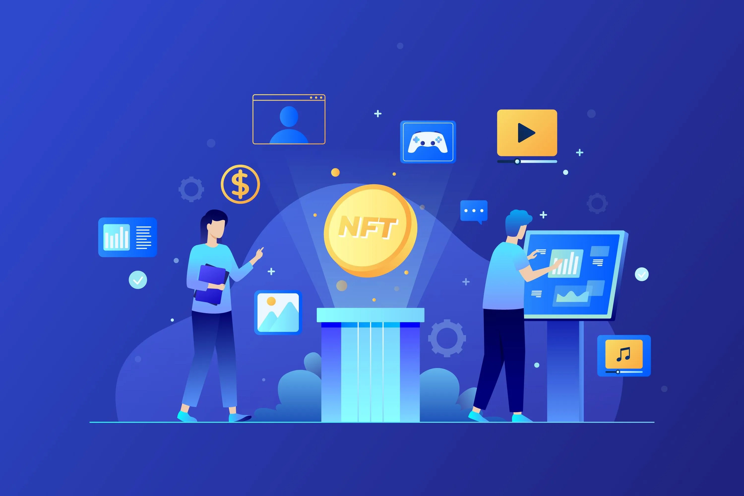 Illustration of people interacting with a large NFT coin and digital media icons, representing blockchain-based digital assets and NFTs