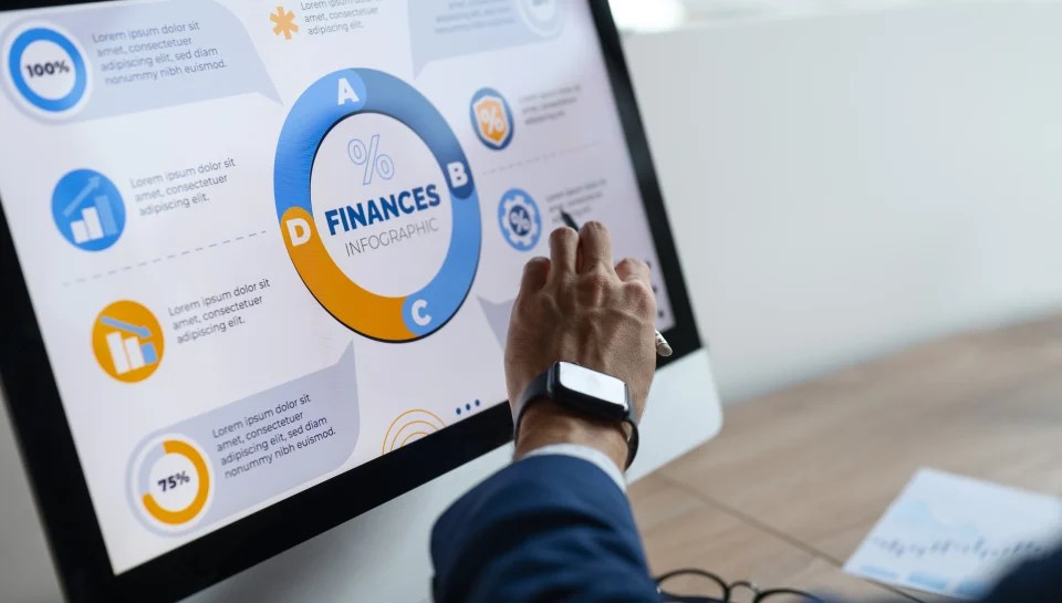 Professional analyzing financial dashboard on a desktop screen displaying finance metrics, performance charts, and business insights.