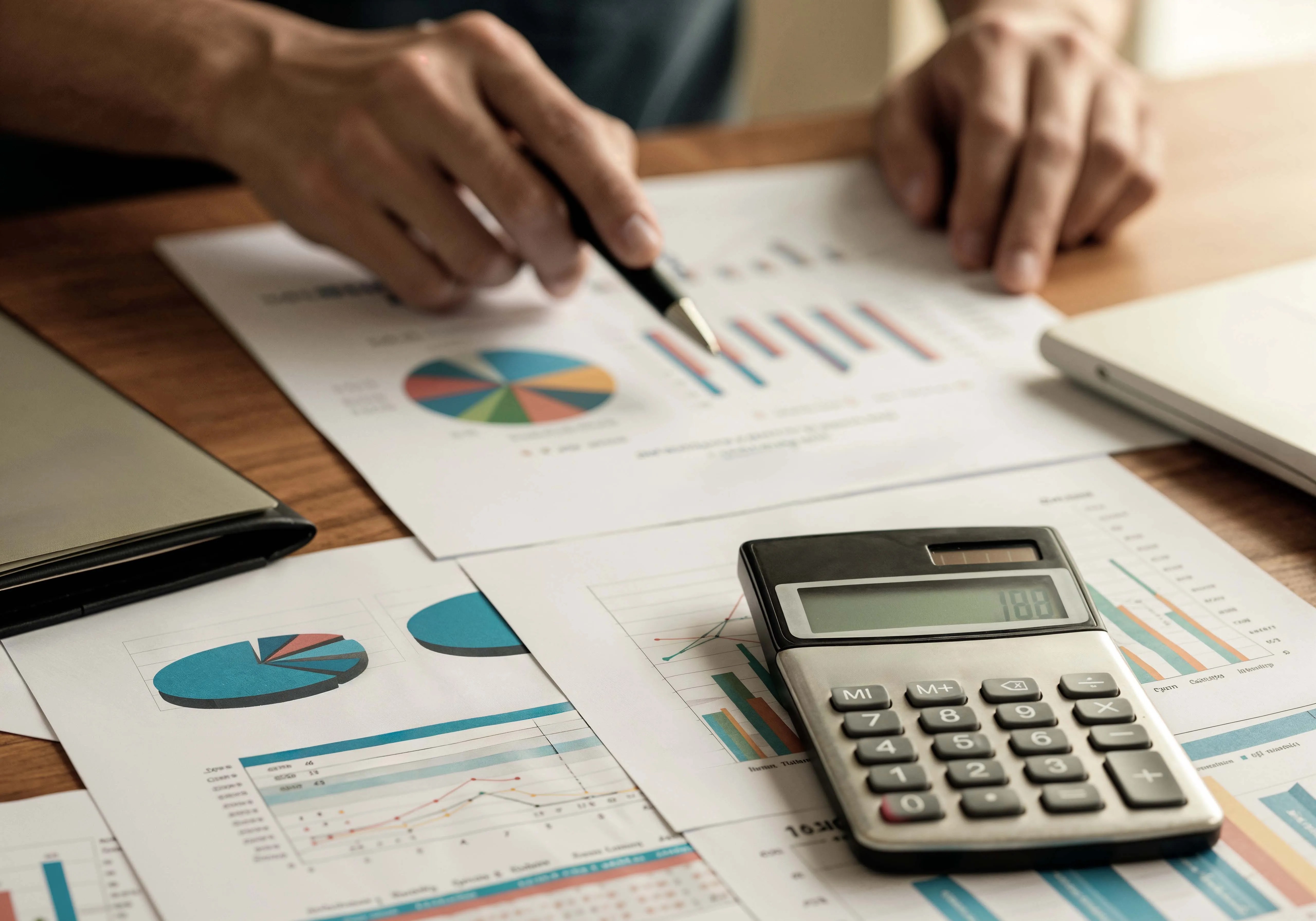 Professional reviewing financial reports with charts and calculator on desk.