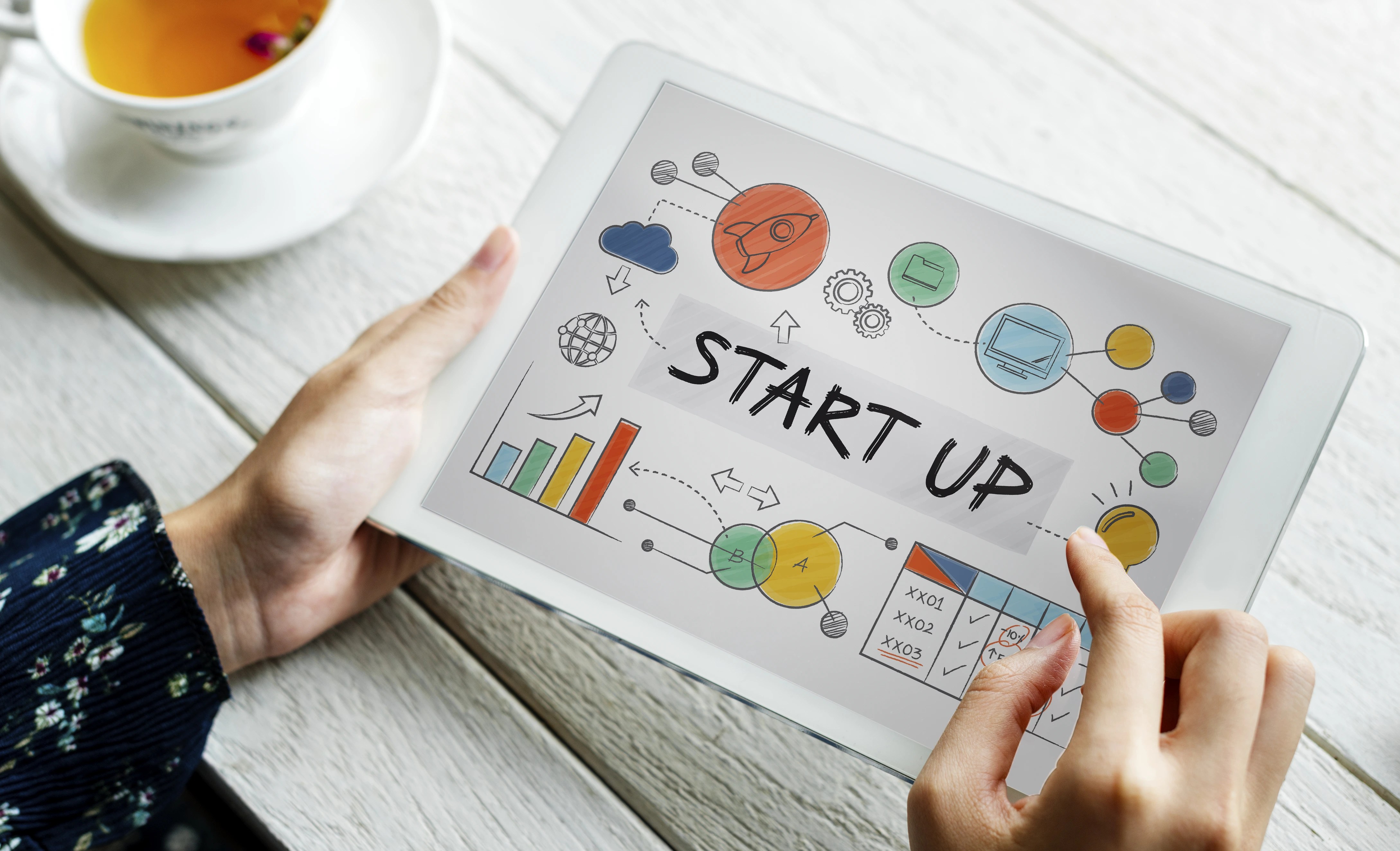 Startup planning and strategy illustration viewed on tablet