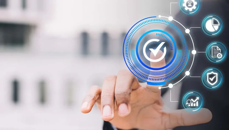 Digital compliance and quality assurance concept with verification icons