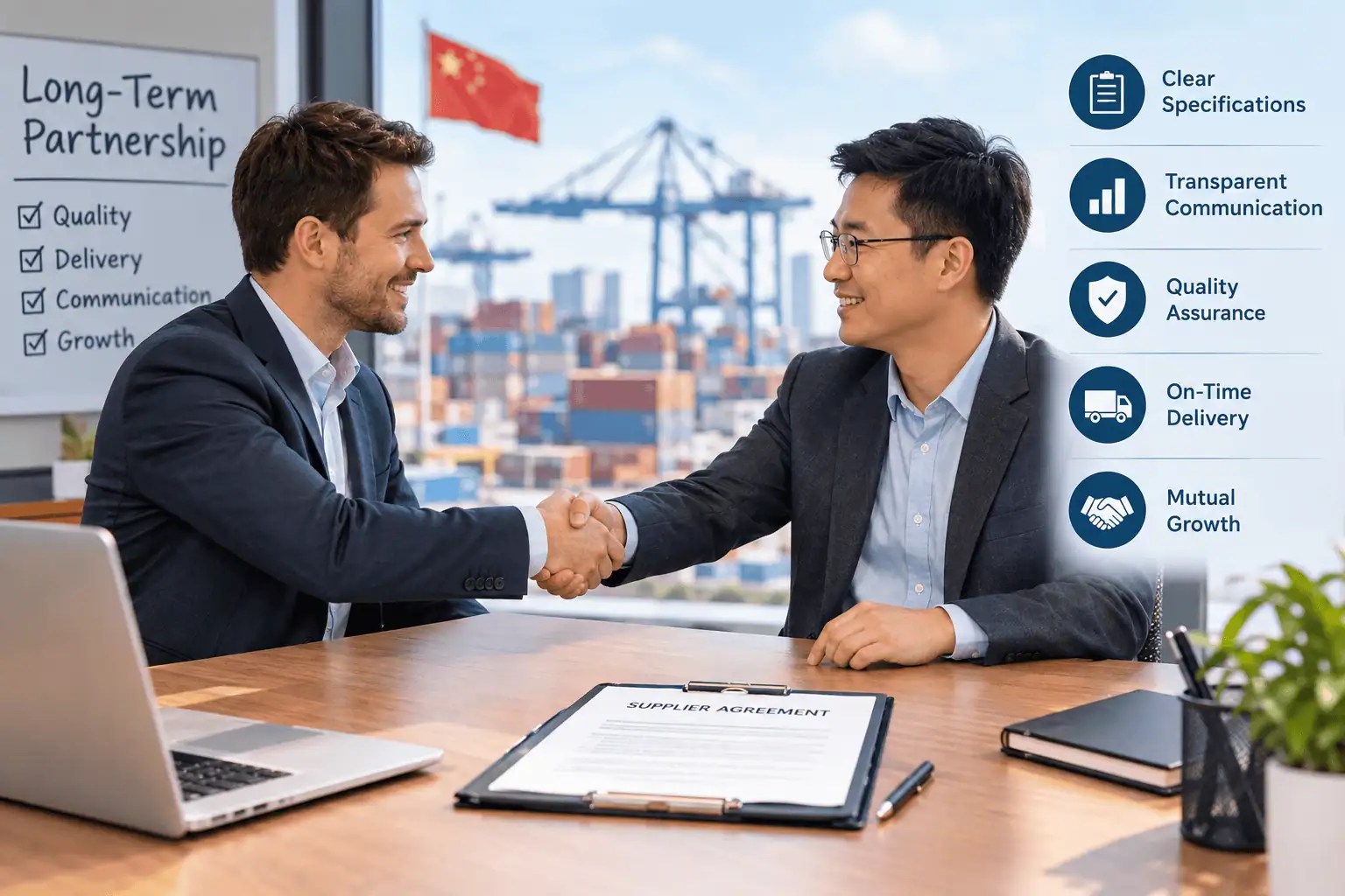 Buyer and Chinese supplier reviewing product specifications, approved samples and production requirements to build and maintain long-term supplier relationships in China.