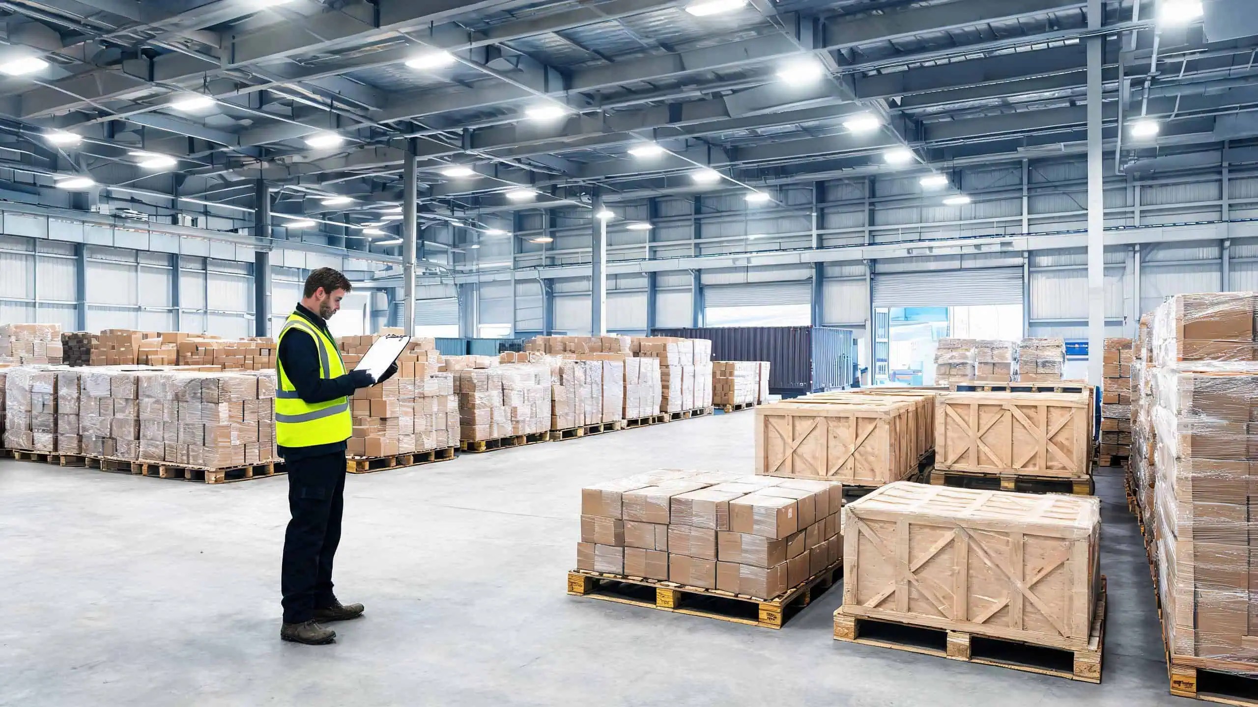 Worker with clipboard checking shipping documents in an organized export warehouse with stacked crates and pallets