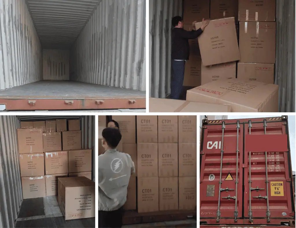 China export container loading process from empty container to sealed doors — cartons stacked and loaded for sea freight