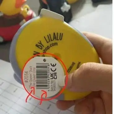 CE certification marking on the base of a rubber duck toy sourced from China for UK retail market compliance