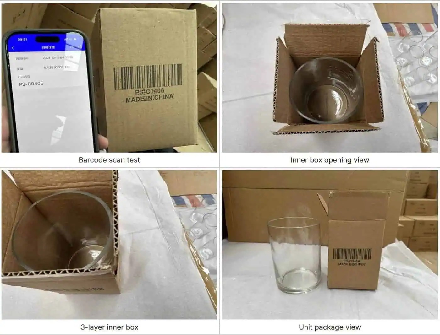 Control de calidad del embalaje personalizado para la importación de cristalería de un cliente estadounidense: prueba de lectura de códigos de barras, caja interior de cartón ondulado de tres capas y vista del embalaje individual con etiquetado de SKU